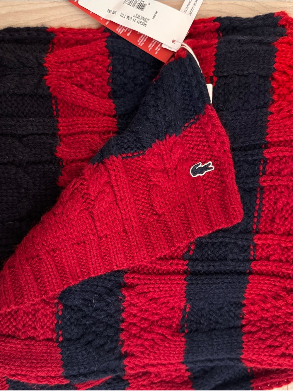 Lacoste Red and Navy Cable-Knit Scarf